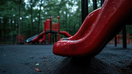 Wet red slide in a park