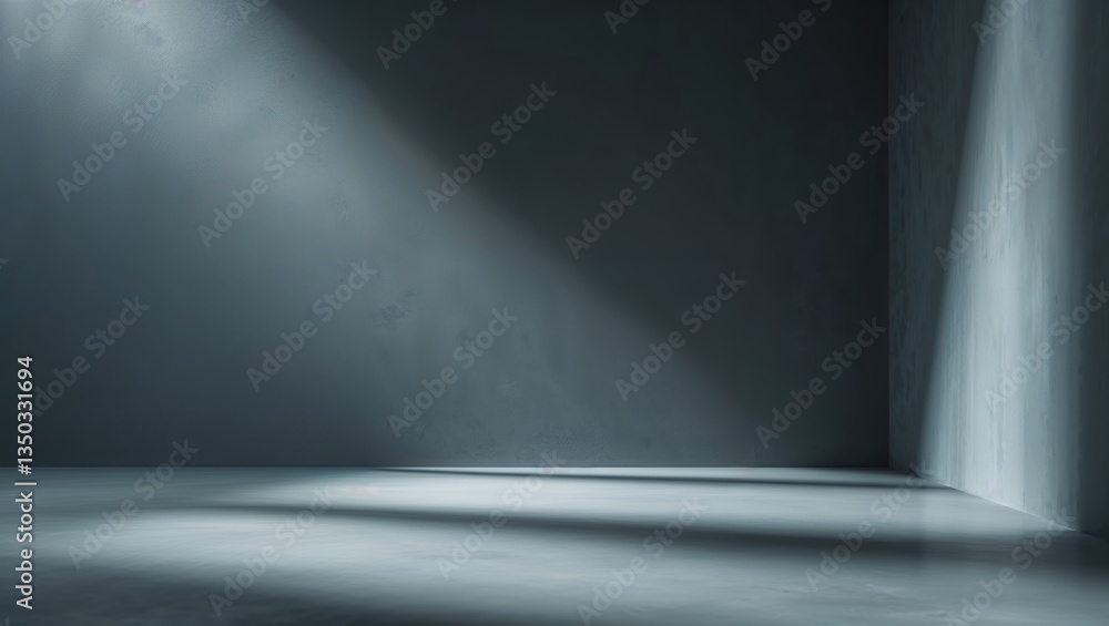 Poster light beams illuminate an empty gray room highlighting shadows and textures at dawn