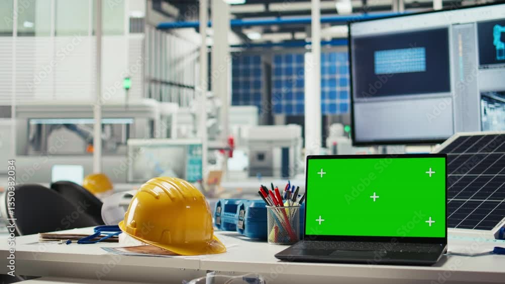 Poster chroma key laptop in photovoltaics factory used to monitor system performance. green screen monitor 