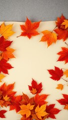 Obraz premium Creamy vintage paper texture overlaid with scattered autumn leaves, warm tones, vintage background, wallpaper