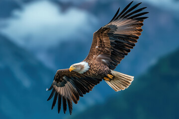 Obraz premium Majestic eagle soars high above clouds, its wings spread wide against backdrop of mountains, symbolizing freedom and strength