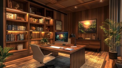 Luxurious wood home office, sunset art, bookshelves, computer, design