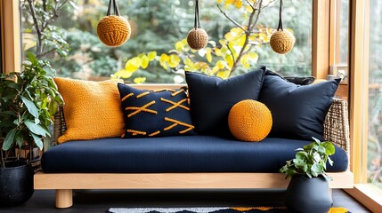 Serene Sunroom Interior with Cozy Sofa and Yellow Pillows