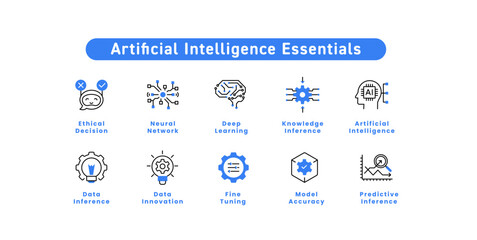 Artificial Intelligence Essentials. Artificial Intelligence, Neural Network, Deep Learning, Knowledge Inference, Inference, Fine Tuning, Model Accuracy, Predictive Inference, Decision, Innovation.