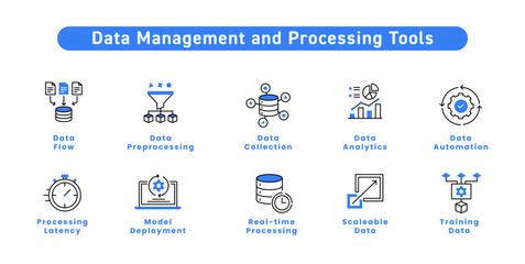 Data Management and Processing Tools. Data Collection, Data Flow, Data Preprocessing, Analytics, Model Deployment, Real-time Processing, Latency, Scale, Training Data, Automation.