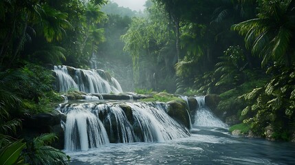 Lush waterfall cascading through a tropical rainforest