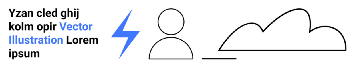 Abstract person icon beside blue lightning, minimal cloud outline, and mock text. Ideal for technology, energy, cloud computing, user interface, data visualization, innovation simple landing page