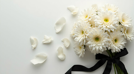 White Daisy Bouquet with Black Ribbon and Scattered Petals Arrangement