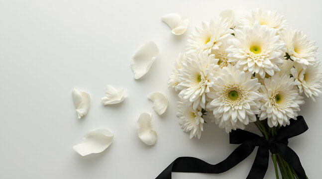 White Daisy Bouquet with Black Ribbon and Scattered Petals Arrangement