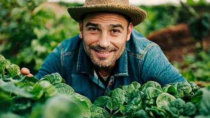 Close-up of a Smiling Farmer Inspecting Fresh Organic Spinach in a Lush Garden for Fresh Spinach Day, National Spinach Day