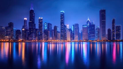 Fototapeta premium Night cityscape, lake reflection, urban skyline, Chicago, Illinois, USA, travel poster