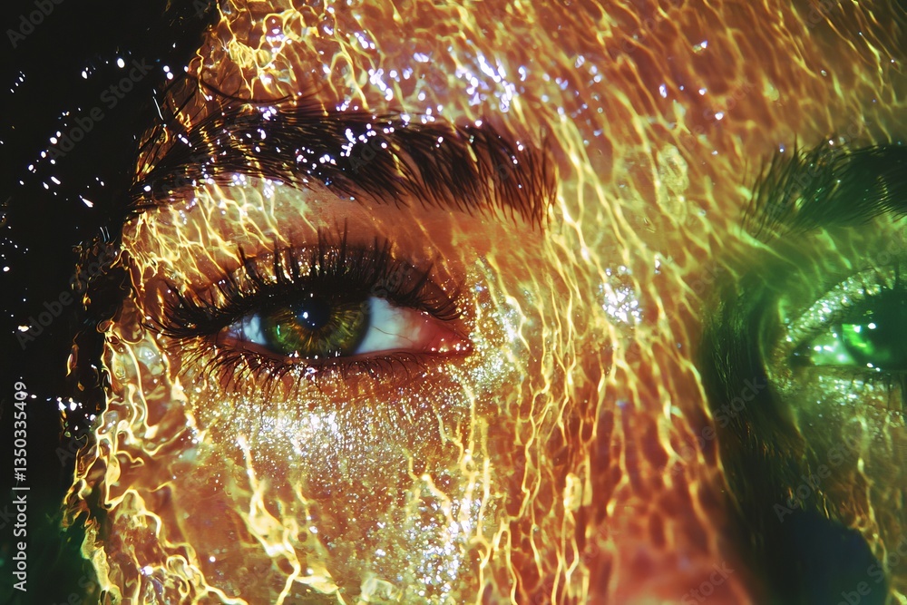 Poster close-up of eye with abstract water reflection in avant-garde style surrounded by colorful light
