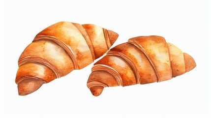 A delicious croissant depicted in vibrant watercolor against a clean white backdrop, showcasing its flaky texture and rich color.