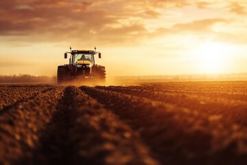 Fototapeta premium Sunset Tractor on a freshly tilled field, dust rising behind it