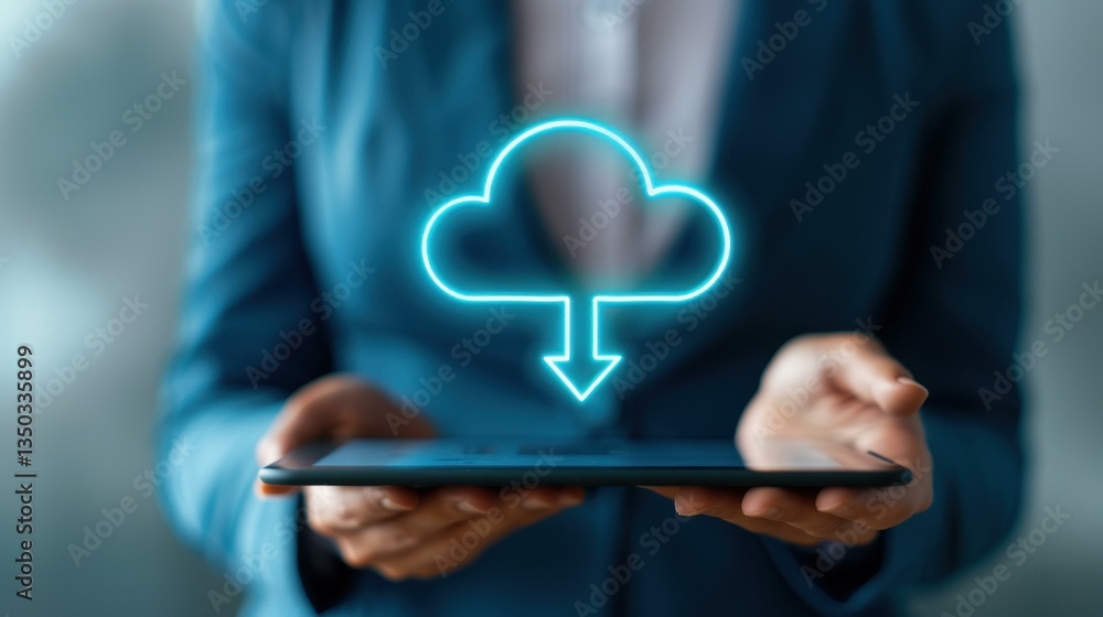 Poster a businessman interacts with a tablet showcasing a holographic circuit button, symbolizing cloud com