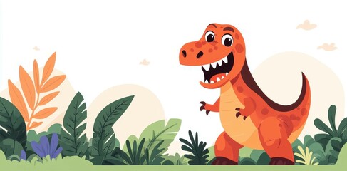 Fototapeta premium Cute cartoon TRex with vibrant colors A playful modern flat design brings this adorable dinosaur to life.