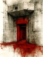Red Door with Concrete Ruin, and Blood.