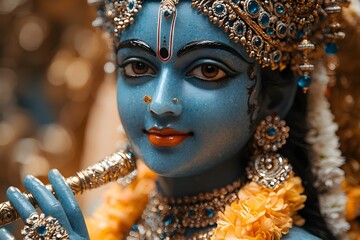 Divine Krishna in close up portrait: Captivating close up portrait of the divine deity krishna with radiant blue skin, adorned in exquisite jewelry, embodying grace and divinity.
