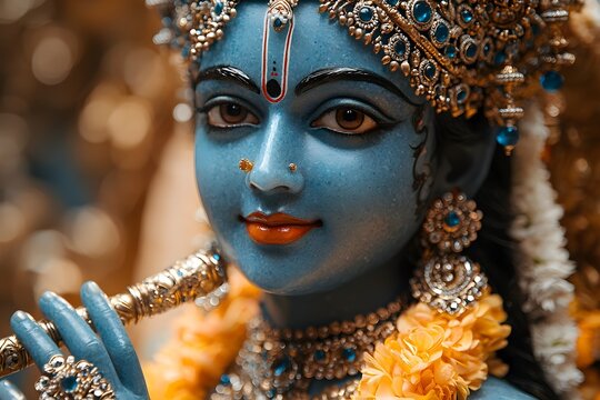 Divine Krishna in close up portrait: Captivating close up portrait of the divine deity krishna with radiant blue skin, adorned in exquisite jewelry, embodying grace and divinity.