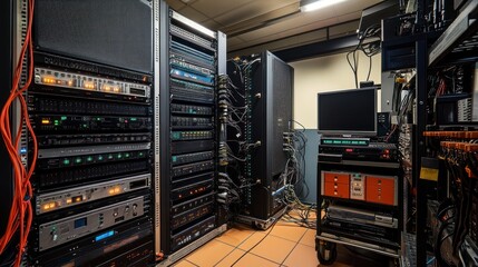 Server room equipment, cables, technology, basement, maintenance