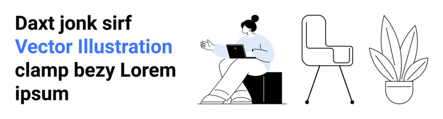 Woman typing on laptop, seated on a cube, with a modern chair and potted plant nearby. Ideal for productivity, modern design, remote work, office setup, lifestyle, home decor flat landing page