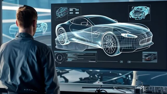 A professional engineer examines a futuristic car model displayed on a high-tech screen, showcasing innovative design and mechanical engineering advancements in the automotive industry.