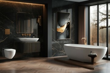 Modern black & gold bathroom with soaking tub, view of winter trees