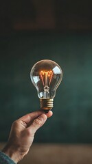 Glowing lightbulb with hand, and chalkboard.