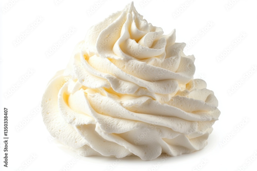 Poster a close up view of a swirl of white whipped cream against a plain white background in a studio setti