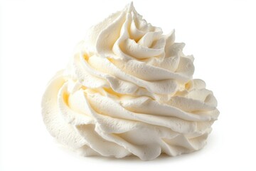A close up view of a swirl of white whipped cream against a plain white background in a studio setting