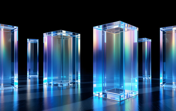 3d crystal glass pillars on black background. Abstract transparent square columns with rainbow light prism effect render. Clear glossy rectangle cube block pattern with blue gradient. 3D illustration