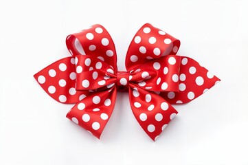 Shiny red polka dot satin bow on white background. Vector bow