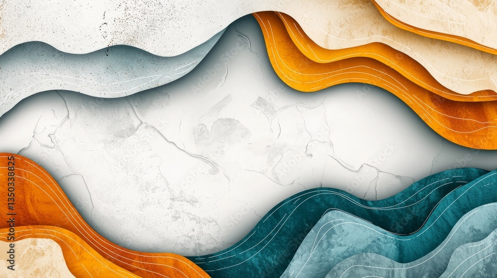 Poster artistic representation of terrain map emphasizing texture and colorful layered design