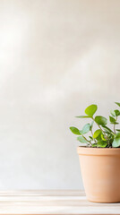 Obraz premium Green potted plant on wooden surface against subtle beige background