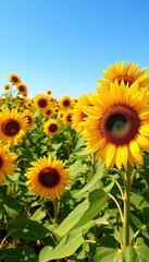 Fototapeta premium Vibrant sunflower field, blossoms in full bloom, sunny day, wildflowers, floral, texture