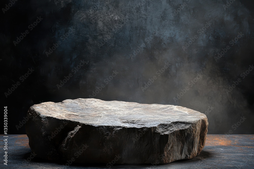 Poster a single rough hewn stone platform illuminated against a dark textured backdrop creating a stark con