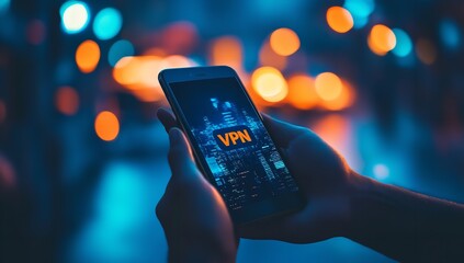 Hand Holding Smartphone with VPN on Screen, Nighttime Global Network Concept