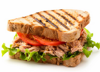 Grilled bread with tuna and tomato sandwich, isolated on a white background