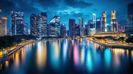 Obraz premium Night Cityscape, Water Reflection, Asia