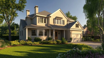 Suburban Home Exterior, Landscaping, Sunset