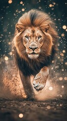 Naklejka premium Majestic Lion Running Through African Savanna