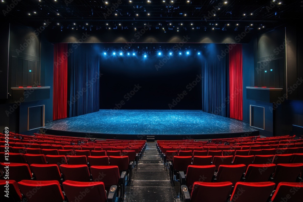 Poster a view of an empty theater stage with red seats and blue lighting creating a dramatic atmosphere ins