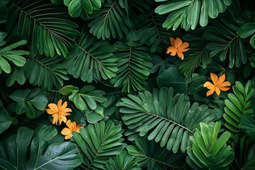 Naklejka premium Lush Tropical Foliage and Orange Blossoms Background