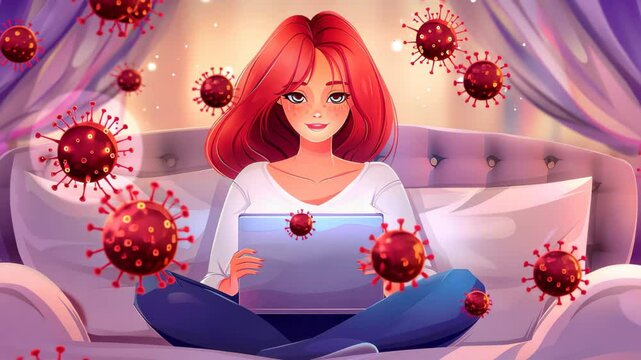 A young woman in casual attire floats peacefully, working on her laptop from home during quarantine, embracing online learning.