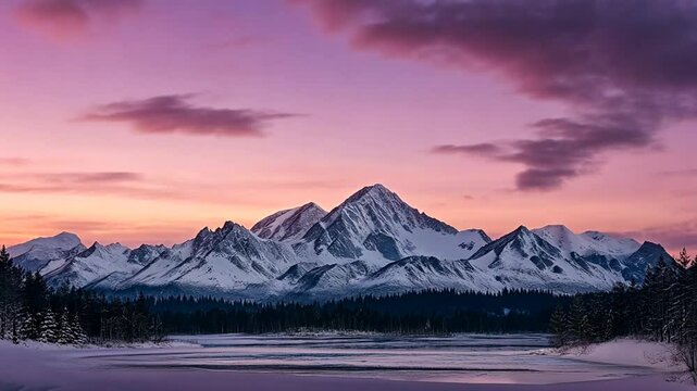 Serene Winter Landscape: Majestic Snow-Capped Mountains and Calm Frozen Lake Scenery
