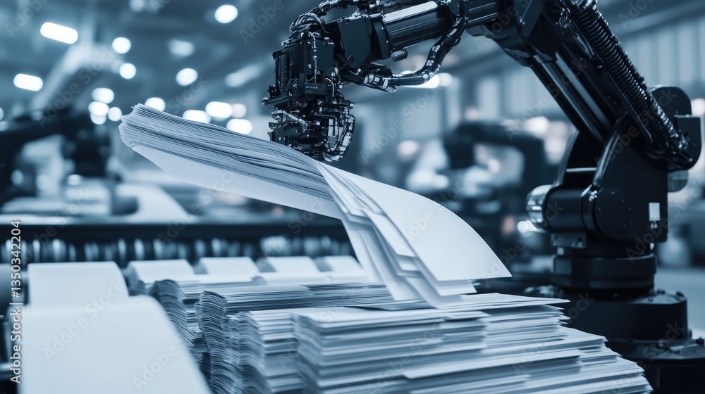 Poster automated robotic arms stacking freshly cut paper sheets for packaging and distribution.