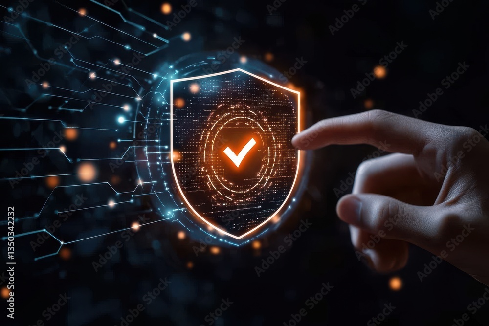 Aufkleber a glowing shield with a checkmark hovers above a hand with a network of lights in the background dar