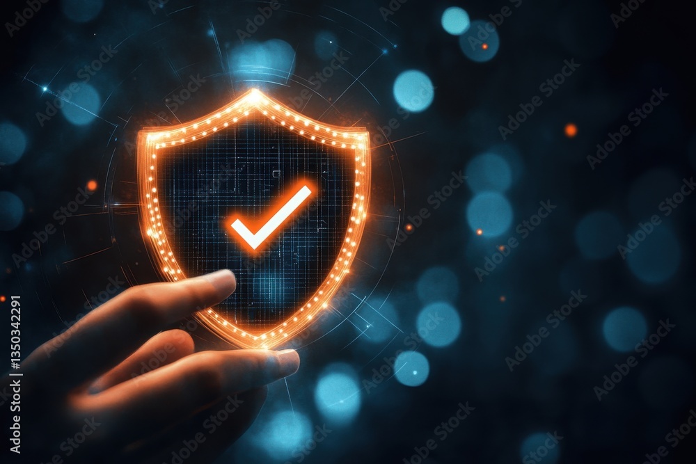 Poster hand holding glowing shield with checkmark against a dark bokeh background digital security concept