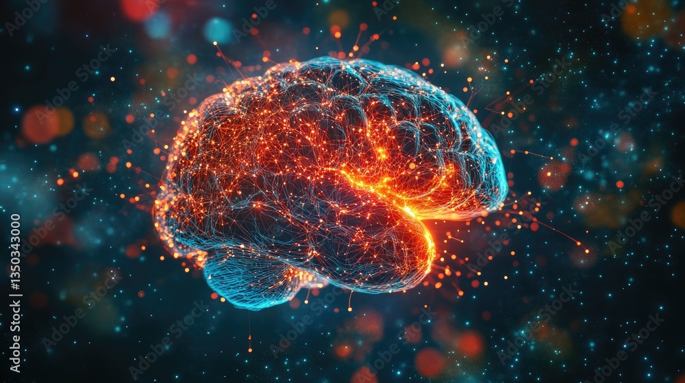 Poster a glowing holographic brain with neural connections symbolizing deep learning in nlp.