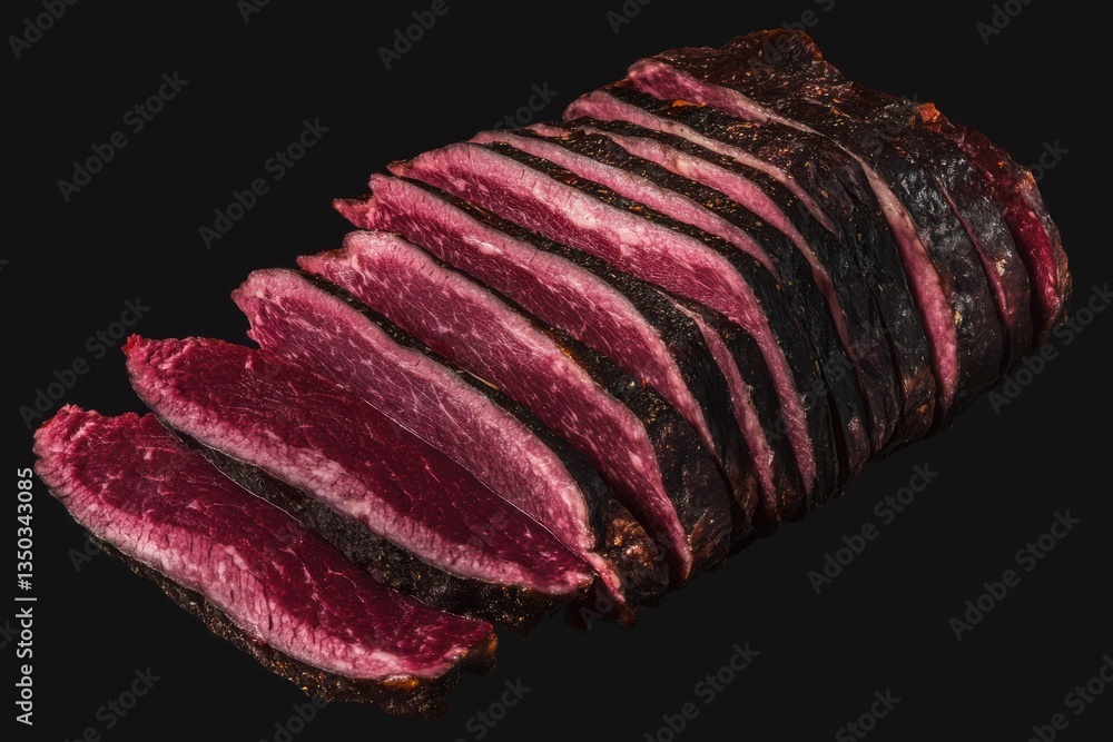 Poster a close up of sliced beef tenderloin showing the raw red color on a black background in a studio sho